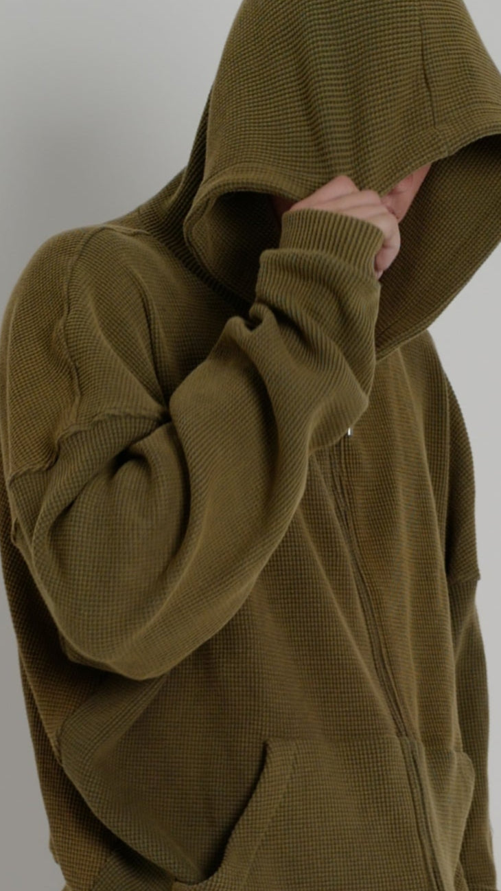 WAFFLE ZIP HOODIE OLIVE