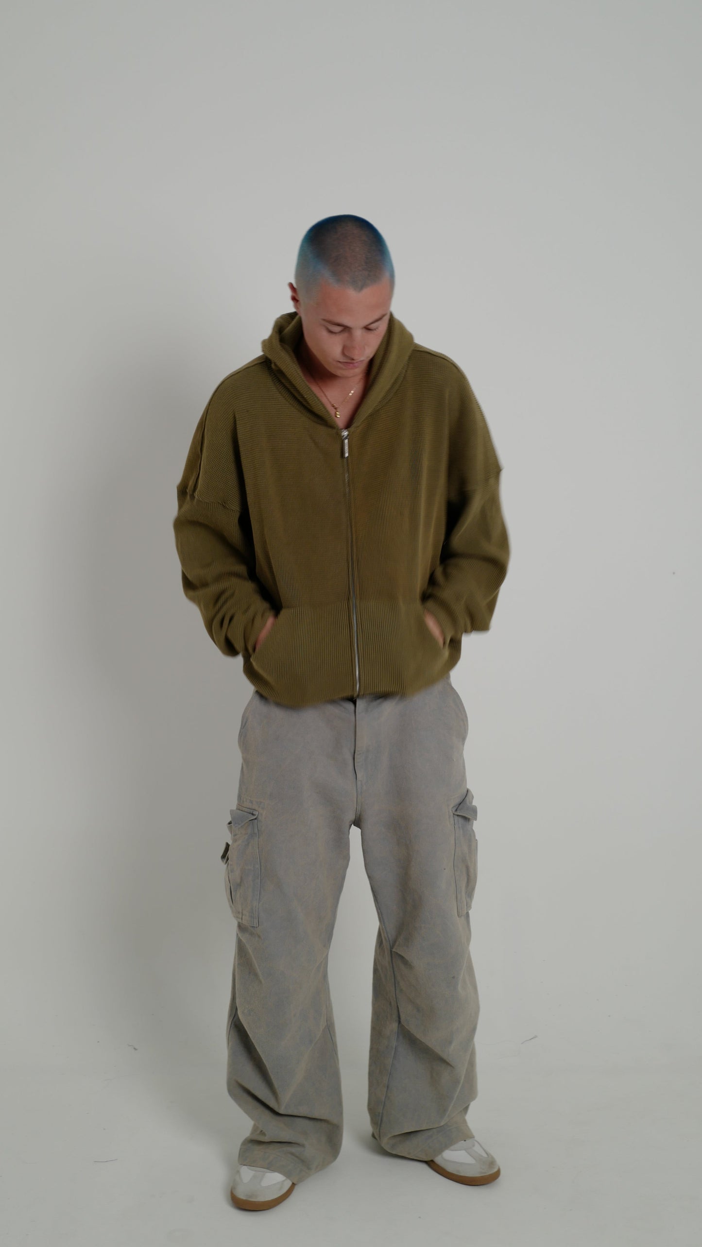 WAFFLE ZIP HOODIE OLIVE