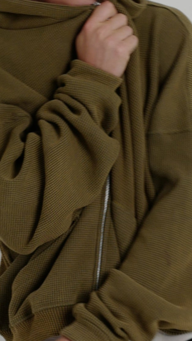 WAFFLE ZIP HOODIE OLIVE
