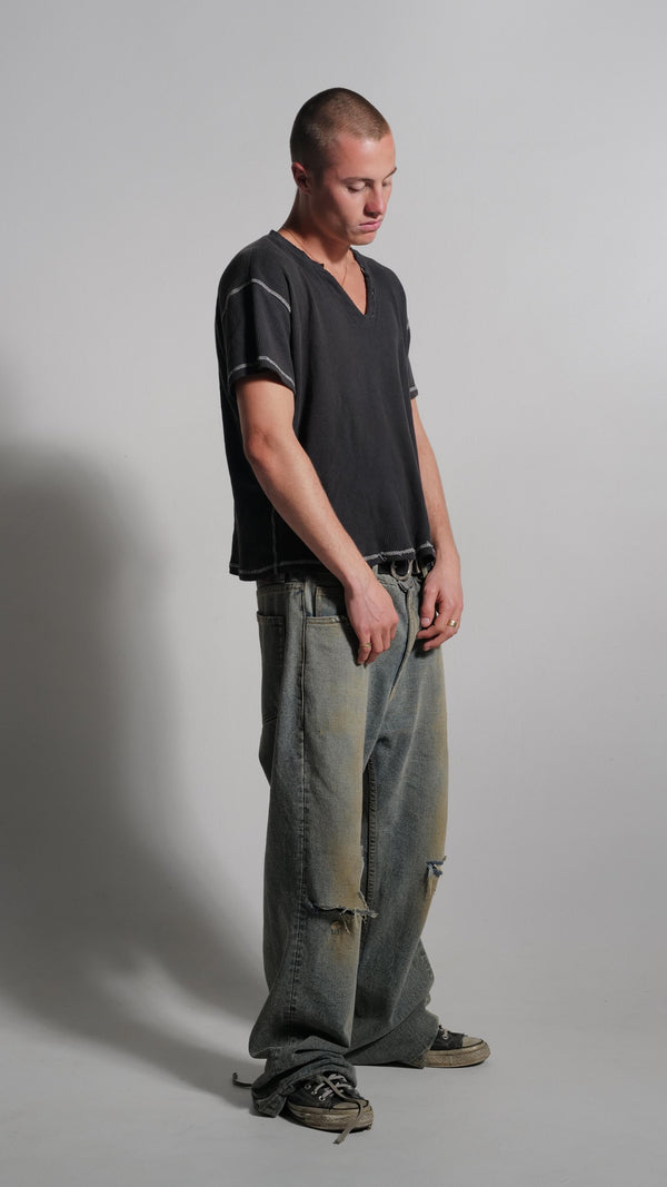 Black Waffle V Neck