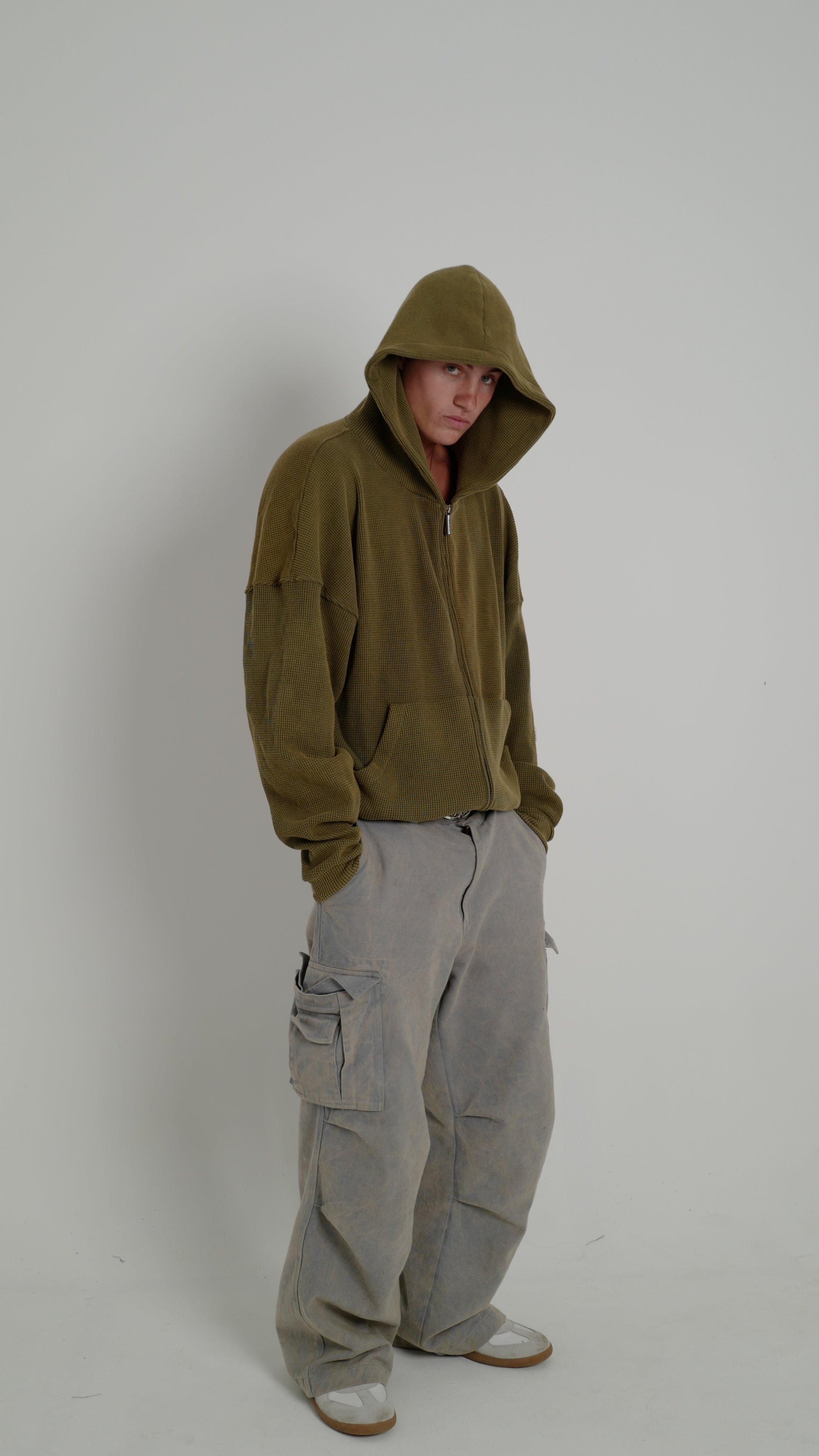WAFFLE ZIP HOODIE OLIVE