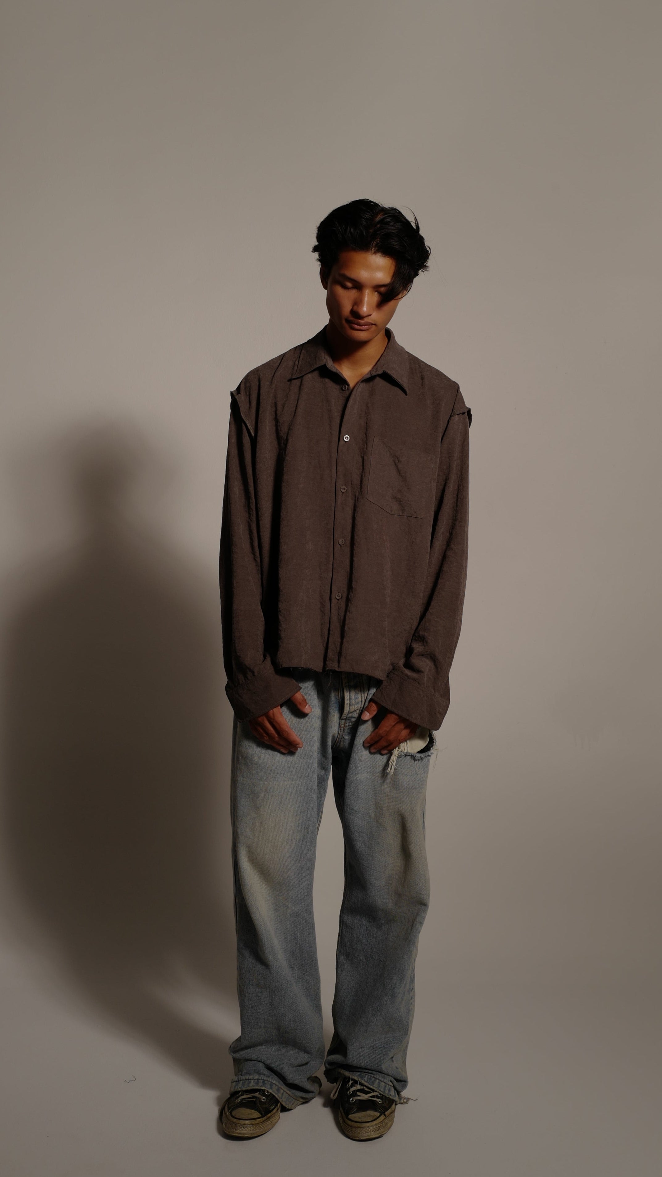 Faded Grey Silk Suede Button Up