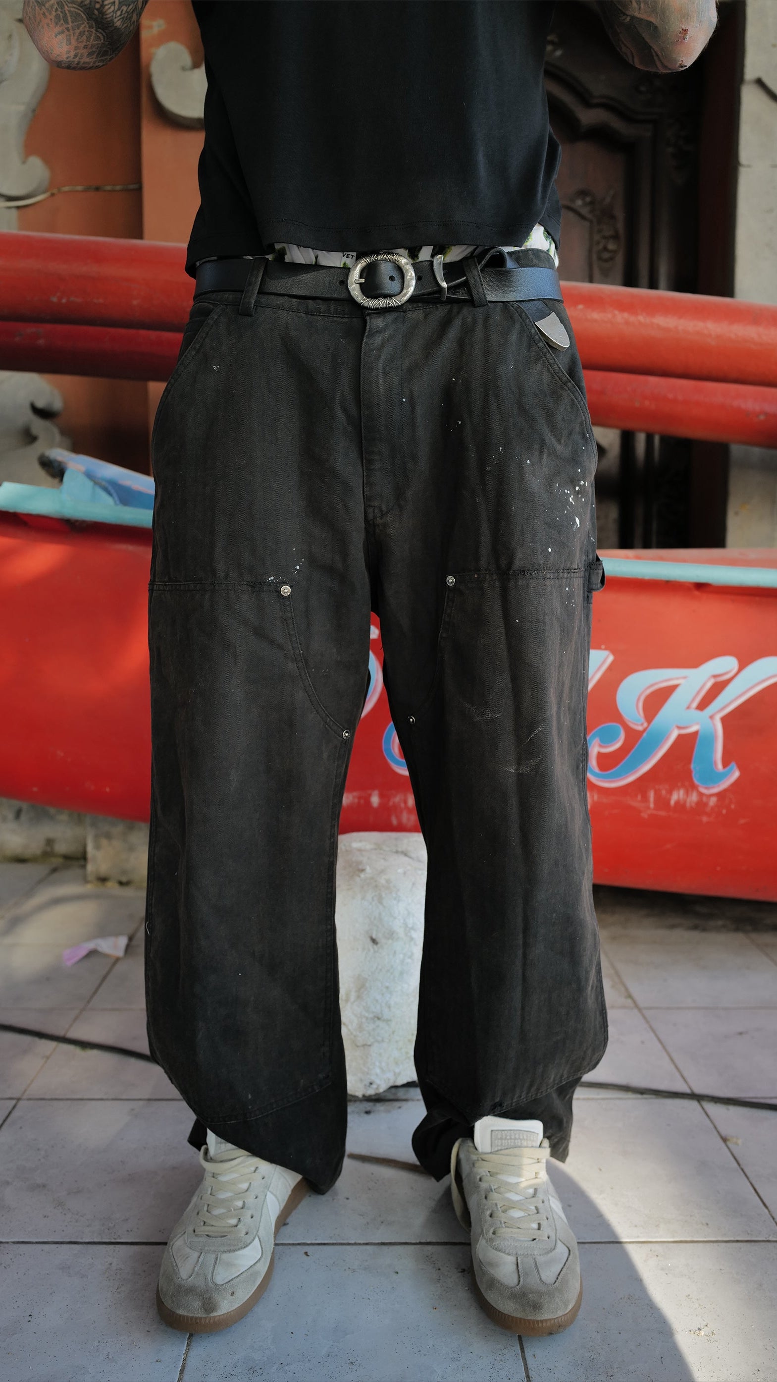 Black Herringbone Work Pants